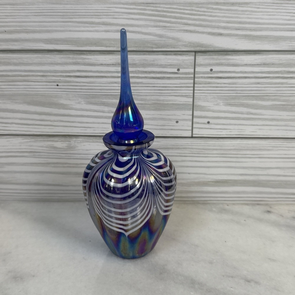 Crystal Clear Cobalt Blue Iridescent Art Glass Perfume Bottle Pulled Feather
